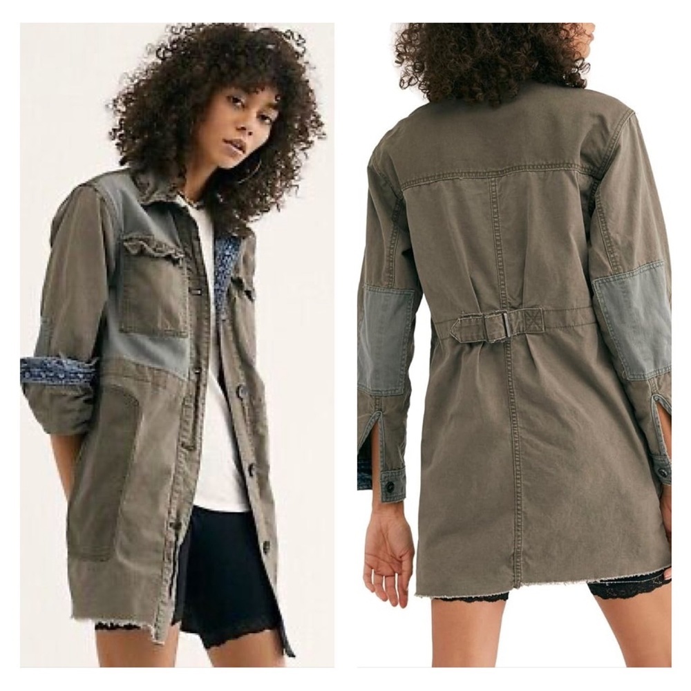 Free People Olive Green Patchwork Military Jacket